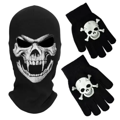 Produktbild: MELOP Volles Gesicht Skelettschädelgeist Halloween Sturmhaube Gesichtsmaske für Cosplay Kostüm Radfahren Outdoor Sport mit Skelettmuster Handschuhe