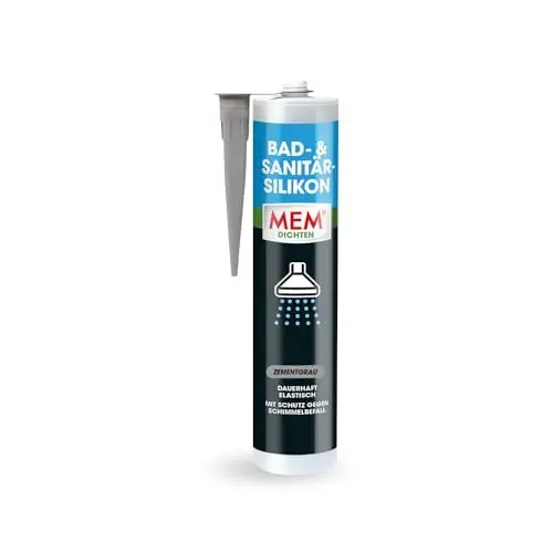 Produktbild: MEM Bad- & Sanitär-Silikon, Dauerhaft elastischer Silikon-Dichtstoff mit Schutz gegen Schimmelbefall, Im Innen- und Außenbereich, Gebrauchsfertig, Lösemittelfrei, 300 ml Kartusche, Zementgrau
