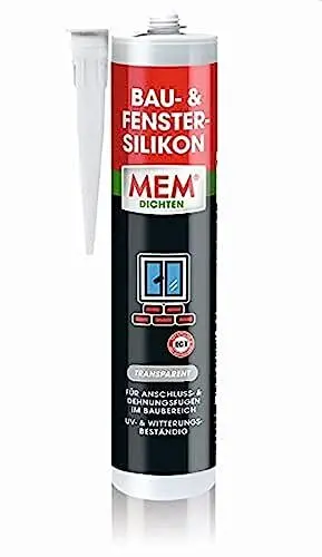 Produktbild: MEM Bau- & Fenster-Silikon, Für Anschluss- und Dehnungsfugen im Baubereich,Im Innen- und Außenbereich einsetzbar,UV- und witterungsbeständig,Gebrauchsfertig,Lösemittelfrei,300 ml Kartusche,Transparent