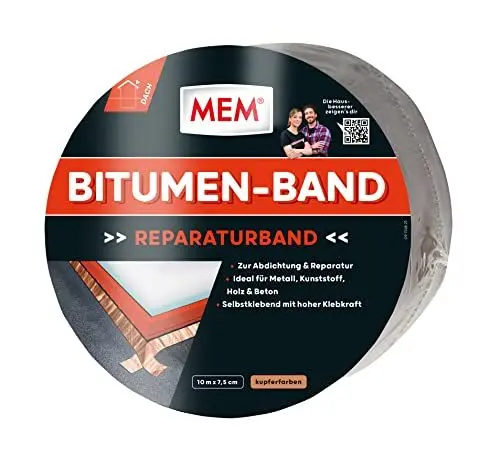 Produktbild: MEM Bitumen-Band, Selbstklebendes Dichtungsband, UV-beständige Schutzfolie, Stärke: 1,5 mm, Maße: 7,5 cm x 10 m, Farbe: Kupfer, 500475