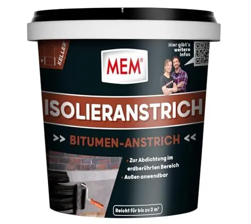Produktbild: MEM Isolieranstrich, Wasserabweisender Deckaufstrich auf Bitumenbasis, Abdichtend und nicht versprödend, Beständig gegen Bodenfeuchtigkeit, 1 Liter, Schwarz
