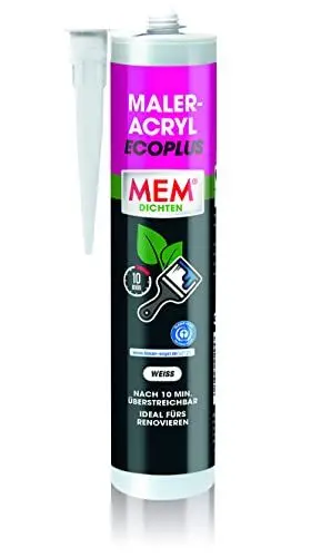 Produktbild: MEM Maler-Acryl Ecoplus, Hochwertige Dichtungsmasse, Ideal für Renovierungsarbeiten, Innen und außen anwendbar, Sehr gute Haftung, Glättbar und Überstreichbar, Lösemittelfrei, 300 ml Kartusche, Weiß