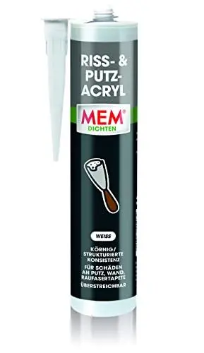 Produktbild: MEM Riss- und Putz Acryl, Acrylat-Dichtstoff für strukturierte oder mineralische Untergründe, Innen und außen anwendbar, Überputzbar und überstreichbar, Lösemittelfrei, 300 ml Kartusche, Weiß