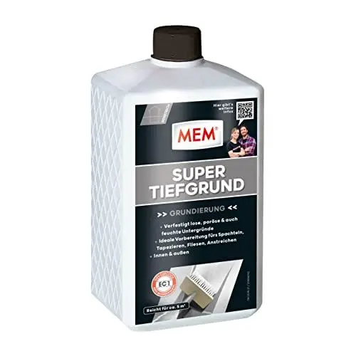 Produktbild: MEM Super Tiefgrund, Für saugende und nichtsaugende Untergründe, Innen und außen anwendbar, Einfache Anwendung, Lösemittelfrei, 1 l, Milchig-weiß