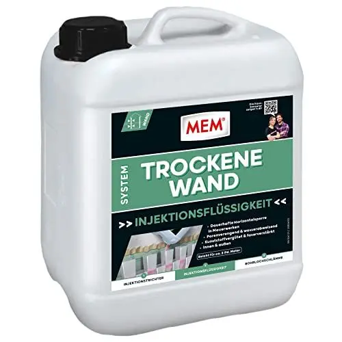 Produktbild: MEM System Trockene Wand Injektionsflüssigkeit, Dauerhafte Horizontalsperre für alle Mauerwerke, Innen und außen anwendbar, Porenverengend und wasserabweisend, 10 l Behälter