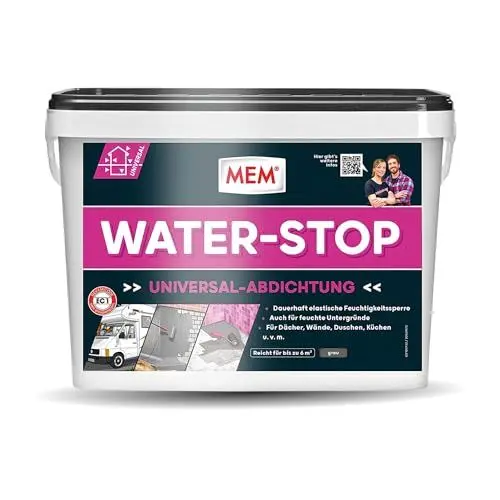 Produktbild: MEM Water Stop, Universalabdichtung und Feuchtigkeitssperre, Optimal geeignet für die Innen- und Außenanwendung, Lösemittel-, silikon- und bitumenfrei, Dichtet sofort, Grau, 14 kg
