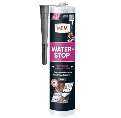 Produktbild: MEM Water Stop, Universalabdichtung und Feuchtigkeitssperre, Optimal geeignet für die Innen- und Außenanwendung, Lösemittel-, silikon- und bitumenfrei, Dichtet sofort, Grau, 290 ml Kartusche