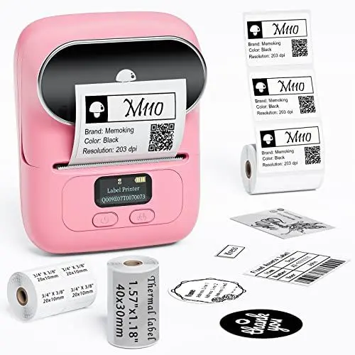Produktbild: Memoking M110 Etikettendrucker, Mini Bluetooth Etikettendrucker, Thermoetikettendrucker mit 3 Rollen Thermopapier, Kompatibel mit Android & iOS, für Kleidung, Schmuck, Supermarkt, Geschenk (Rosa)
