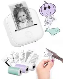 Produktbild: Memoking Tragbarer Mini Aufkleberdrucker – T02 Taschendrucker mit 3 Rollen Papier, Bluetooth-Fotodrucker für Kindergeburtstag, Kompatibel mit Telefon und Tablet, Weiß