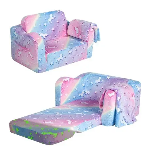 Produktbild: MeMoreCool Kindersofa Ausklappbar, 2-in-1 Kleinkinder Schlafsofa, Kindersessel mit Schlaffunktion, Mini Couch für Kuschelecke Kinderzimmer, Spielsofa für Mädchen und Jungen, Leuchtender Regenbogen