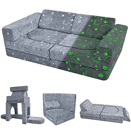 Produktbild: MeMoreCool Spielsofa Schlafsofa Kinder, Schaumstoff Soft Bausteine Couch, Fancy Spielsofa einen aufregenden Indoor-Spielplatz für das Kinderzimmer, Kuschelecke ideal für Kinder, Grau Dinosaurier