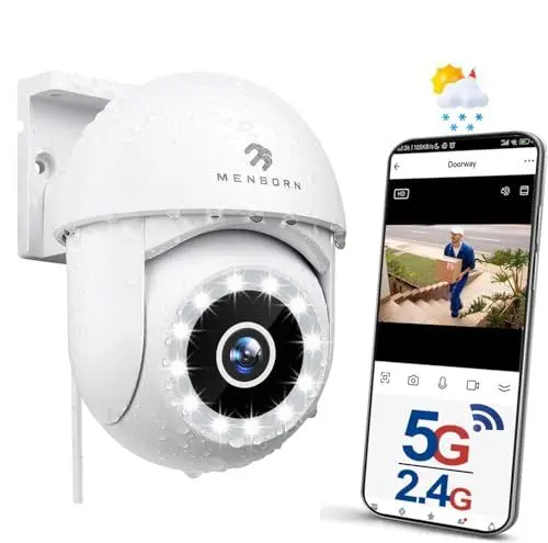 Produktbild: Menborn 2,5K Überwachungskamera Außen, 2,4/5GHz Kamera Überwachung mit Flutlicht, 360° Sichtbereich IP Kamera mit Vollfarb-Nachtsicht, Automatischer Verfolgung, 2-Wege-Audio, Funktioniert mit Alexa