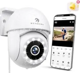 Produktbild: Menborn Überwachungskamera Außen 2.5K, Kamera Überwachung Außen 360° Sichtbereich mit Starlight Farb-Nachtsicht, IP Kamera Outdoor mit Flutlicht, Zwei-Wege-Audio, Sirene, Funktioniert mit Alexa