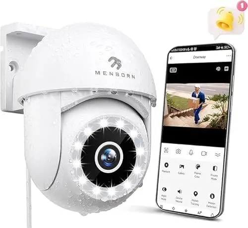 Produktbild: Menborn Überwachungskamera Außen 2.5K, Kamera Überwachung Außen 360° Sichtbereich mit Starlight Farb-Nachtsicht, IP Kamera Outdoor mit Flutlicht, Zwei-Wege-Audio, Sirene, Funktioniert mit Alexa