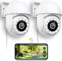 Produktbild: Menborn Überwachungskamera Außen 2.5K/4MP, Aktualisierte Kamera Überwachung 360° mit Starlight Farb-Nachtsicht, 2.4GHz IP Kamera Outdoor mit Flutlicht, Bewegungserfassung, Funktioniert mit Alexa, 2PCS
