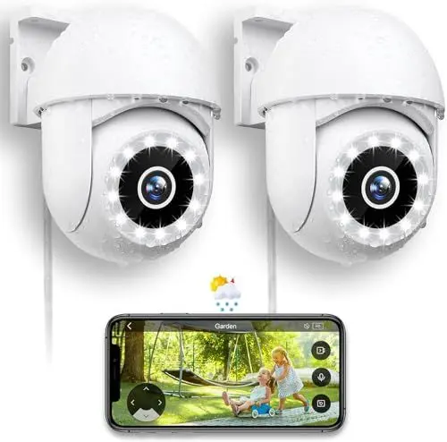 Produktbild: Menborn Überwachungskamera Außen 2.5K/4MP, Aktualisierte Kamera Überwachung 360° mit Starlight Farb-Nachtsicht, 2.4GHz IP Kamera Outdoor mit Flutlicht, Bewegungserfassung, Funktioniert mit Alexa, 2PCS
