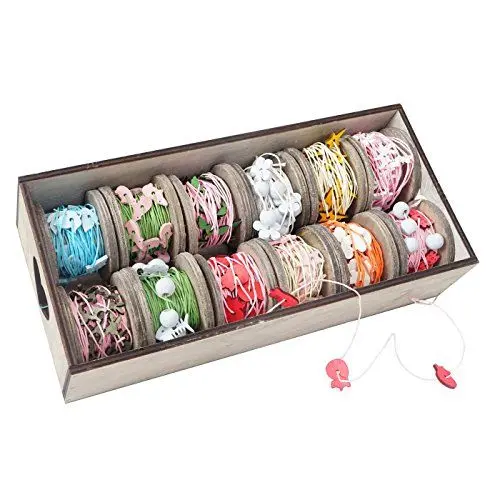Produktbild: Mendler Deko-Box Schnur, Geschenkband Deko-Band Bänderbox Holzmotiv, 12 Rollen je 7,5m