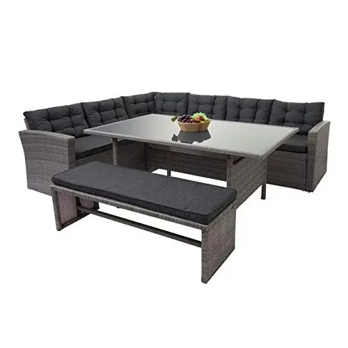 Produktbild: Mendler Poly-Rattan-Garnitur HWC-A29, Gartengarnitur Sitzgruppe Lounge-Esstisch-Set Sofa + Bank - grau, Kissen grau