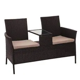 Produktbild: Mendler Poly-Rattan Sitzbank mit Tisch HWC-E24, Gartenbank Sitzgruppe Gartensofa, 132cm - braun, Kissen Creme
