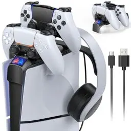 Produktbild: MENEEA Zubehör für PS5 Controller Ladegerät, Top-Ladestation für PS5 Controller & PS5 Edge Controller, Ladestation mit Headset-Halter für 2023 Playstation 5 Slim Disc & Digitalkonsole