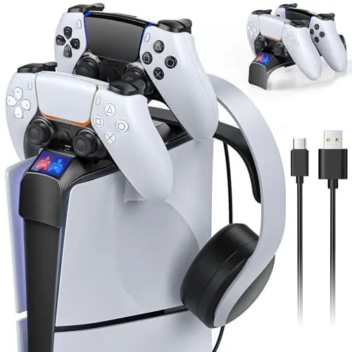 Produktbild: MENEEA Zubehör für PS5 Controller Ladegerät, Top-Ladestation für PS5 Controller & PS5 Edge Controller, Ladestation mit Headset-Halter für 2023 Playstation 5 Slim Disc & Digitalkonsole