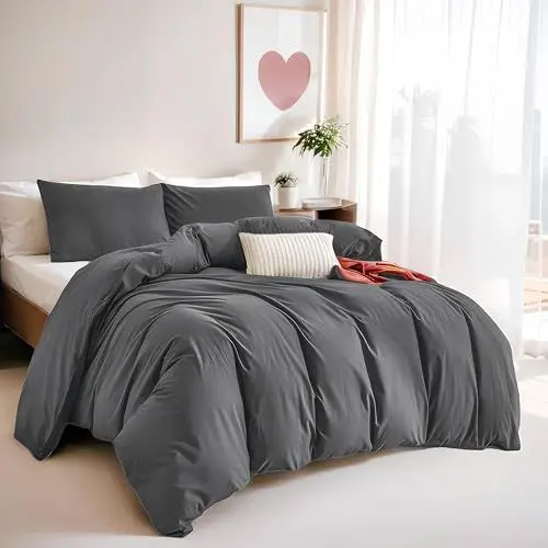 Produktbild: Menkala Einfarbig Bettwäsche 135x200 Anthrazit Grau Feinbiber Unifarben Bettbezug 2 Teilig Bügelfrei Gebürstete Renforcé Microfaser Ästhetische Wendebettwäsche mit Reißverschluss & Kissenbezug 80x80