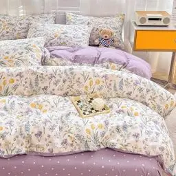 Produktbild: Menkala Bettwäsche 135x200 Baumwolle Lila Weiß Blumen Blümchen Botanisch Geblümt Muster Wende Bettbezug Set Punkte Blumenwiese Pflanzenmuster Deckenbezug und Kissenbezug 80x80cm Reißverschluss