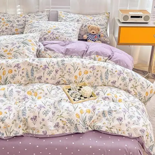 Produktbild: Menkala Bettwäsche 135x200 Baumwolle Lila Weiß Blumen Blümchen Botanisch Geblümt Muster Wende Bettbezug Set Punkte Blumenwiese Pflanzenmuster Deckenbezug und Kissenbezug 80x80cm Reißverschluss