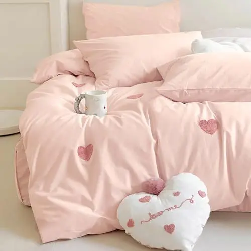 Produktbild: Menkala Herz Bettwäsche 135x200 Rosa Herzen Muster Stickerei Romantisch Weich Gewaschene Mikrofaser Bettbezug Herzchen Aesthetic Wendebettwäsche Set 2 Teilig mit Reißverschluss und Kissenbezüge 80x80