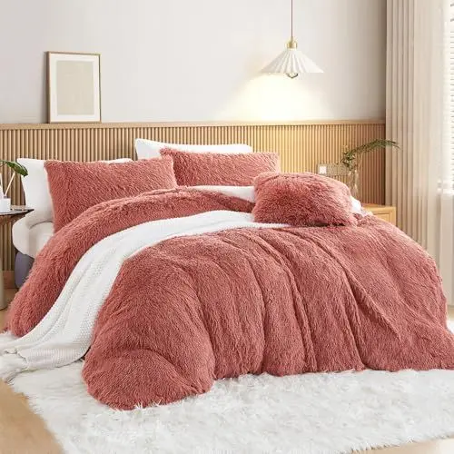 Produktbild: Menkala Plüsch Bettwäsche 200x200 Rosa Warm Winter Langhaar Flauschig Bettbezug Einfarbig Mädchen Coral Fleece Flanell Fluffy Kunstfell Wendebettwäsche Set 3Teilig Reißverschluss Kissenbezüge 80x80cm