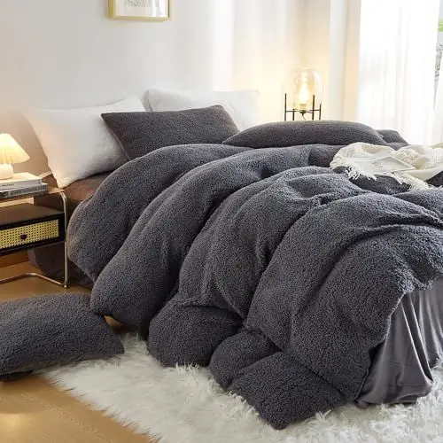 Produktbild: Menkala Winter Warm Bettwäsche 220x240 Dunkelgrau Teddy Fleece Cashmere Touch Bettbezug Einfarbig Anthrazit Kuschelig Flauschig Flanell Wendebettwäsche Set 3teilig Reißverschluss Kissenbezüge 80x80cm