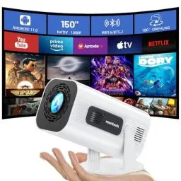 Produktbild: MENTECH Beamer 4K 1080P Full HD Unterstützt, Mini Projektor mit WiFi und Bluetooth, 180°Verstellbarer Standfuß Tragbarer Projektor, Unterstützung 2.4G/5G WiFi6, Android TV 11.0, Auto Keyston