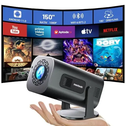 Produktbild: MENTECH Mini Beamer 4K, Mini Projektor mit WiFi und Bluetooth, 1080P Full HD Unterstützt, 180°Verstellbarer Standfuß Tragbarer Projektor, Unterstützung 2.4G/5G WiFi6, Android TV 11.0