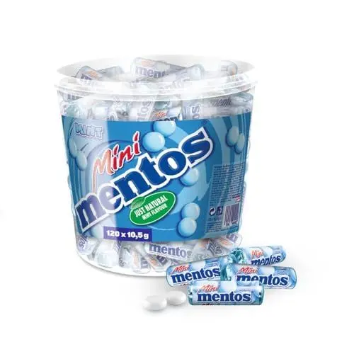 Produktbild: Mentos Mint Classic Bucket, Eimer enthält 120 Mini-Rollen à 5 Minz-Dragees, Kaubonbons mit Pfefferminz-Geschmack, Aufbewahrungs-Box (120 Mini Rollen), vegan