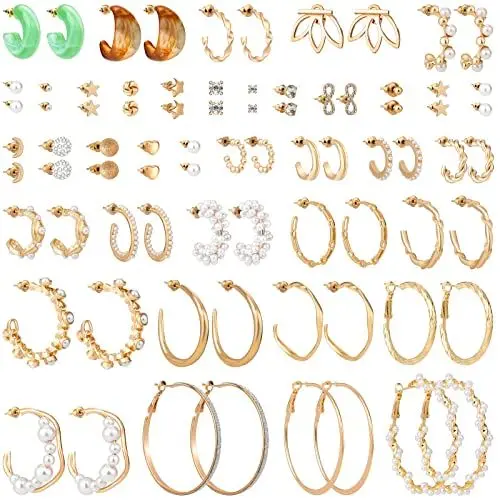 Produktbild: Menwings Damen Ohrringe 39 Paar - Hypoallergen Klein Schlafen Creolen, Gold Piercing Kleine Ohrstecker Set, Mode Perle Groß, Acryl Ohrstecker Mädchen, Breite Creolen