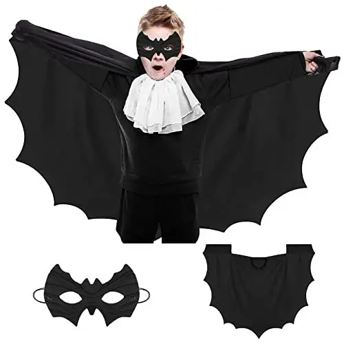 Produktbild: Fledermaus Kostüm + Fledermaus Maske 2-teilig, Fledermausflügel Vampir Kostüm, Umhang, Schwarzes Halloween Kostüm für Kinder, Karneval (43.3in/31.5in)
