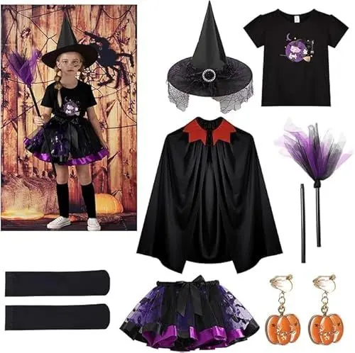Produktbild: Menwings Halloween Hexenkostüm Mädchen, Hexe Kostüm mit Zauberbesen, Hut, Socken, Kürbis-Ohrclips, für Halloween, Fasching, Karneval, Kostümparty Kinder Violett (Lila Saree, L (Höhe 120-125cm))
