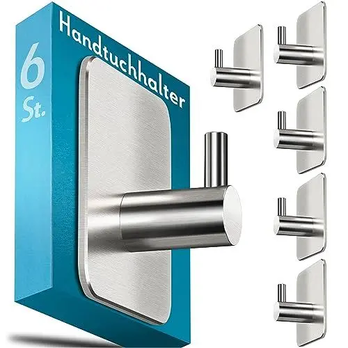 Produktbild: Menz Handtuchhalter ohne Bohren, 6 Stück - Edelstahl Badezimmer Handtuchhalter, wasserfeste Klebehaken, langlebige Haken fürs Bad, Haken selbstklebend, ideal als funktionale Handtuchhaken