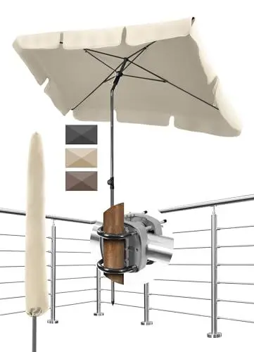 Produktbild: Menz Sonnenschirm Balkon - 3-IN-1 Sonnenschutz Balkon SET in Beige, UPF 50+ Sonnenschirm rechteckig 200 x 125cm + Sonnenschirmhalter Balkongeländer + Sonnenschirmhülle