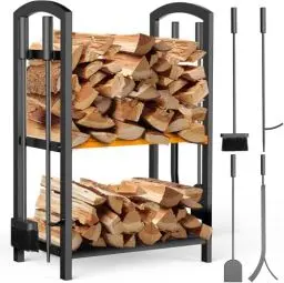 Produktbild: Meoligr Kaminholzregal Innen mit 4 Kaminwerkzeug Brennholzregal 72x43x30cm Kaminholzständer Doppelschicht Großer Lagerung Schmiedeeisen Kaminholzhalter Holzregal