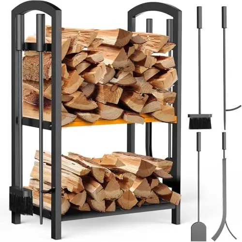 Produktbild: Meoligr Kaminholzregal Innen mit 4 Kaminwerkzeug Brennholzregal 72x43x30cm Kaminholzständer Doppelschicht Großer Lagerung Schmiedeeisen Kaminholzhalter Holzregal