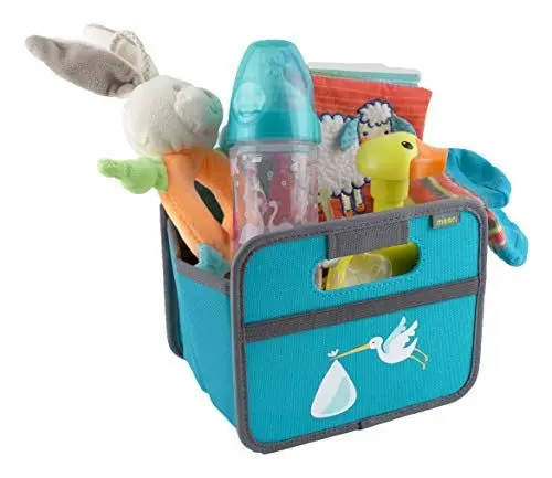 Produktbild: meori Faltbox Mini in Azurblau mit Motiv Storch – Kleine Klappbox mit Griffen – Geschenkidee und Allzweck Aufbewahrungslösung - A100317 - 16,5 x 12,5 x 14 cm