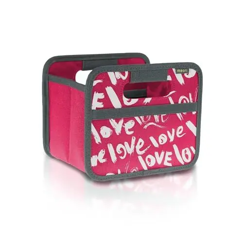 Produktbild: meori Faltbox Mini in Pink mit Motiv Love – Kleine Klappbox mit Griffen – Geschenkidee und Allzweck Aufbewahrungslösung - A100314 - 16,5 x 12,5 x 14 cm
