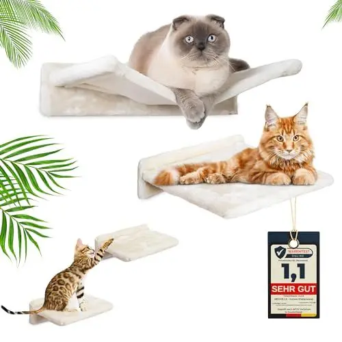 Produktbild: Meoville® Katzen Kletterwand Set XXL 4-Teilig (Massivholz - Extra Stabil) Katzenhängematte, Katzenliege, 2X Katzentreppe | Katzen Wandelemente | Wandkratzbaum | Katzen Kletterwand | Katzenwand beige