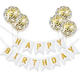Produktbild: Meowoo Banner Happy Birthday Girlande mit 5 Goldenen Latexballons, Geburtstag Deko Zubehör Party Dekoration Banner und Ballon Set Geeignet für alle Altersgruppen (Weiß)