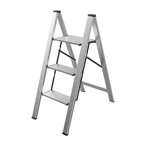 Produktbild: Mephisto Trittleiter Klappleiter Stufenleiter Haushaltsleiter flach aus Aluminium inkl. Anti Rutsch Trittflächen mit 3 Stufen ohne Griff bis 150 kg Tragkraft