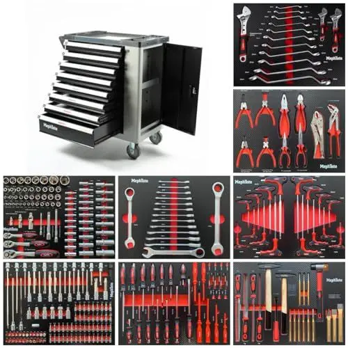 Produktbild: Mephisto XXL Werkzeugwagen Werkstattwagen mit 8 Schubladen Davon 8 mit Werkzeug wie Schraubenschlüssel, Ratsche mit Nusskasten, Schraubendreher usw. in Soft Inlays in Carbonoptik gefüllte Schubladen