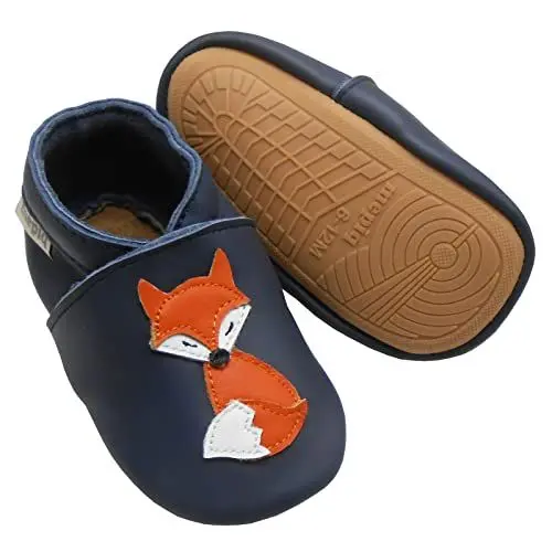 Produktbild: mepiq Krabbelschuhe Baby Lauflernschuhe mit Gummisohle lederpatschen für Jungen Mädchen, Draußen Weicher Leder Rutschfeste Lederschuhe Kleinkind Fuchs - dunkelblau, 6-12 Monate