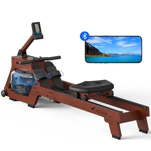 Produktbild: MERACH Wasser Rudergerät für Zuhause, Hergestellt aus Hochwertigem Massivholz, Professioneller Bluetooth-Monitor mit Tablet-Halterung, Bequemer Ergonomischer Stuhl, Max 150kg Belastbar