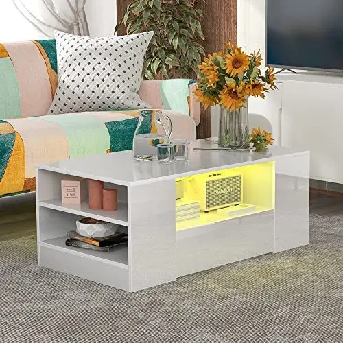 Produktbild: Merax DE_WF283904WAA_ZYP Moderner Couchtisch Hochglanz Mit Led, Beistelltische fürs Wohnzimmer, Wohnzimmertisch, Sofatisch, 2 Schubladen und 2 Regalsofa, Weiß, 95 x 53 x 37 cm
